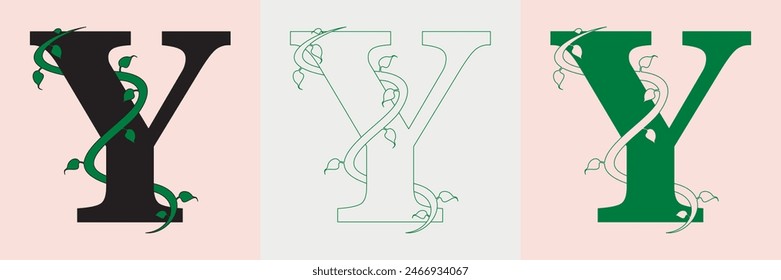 "Y" Letter Logo for business and company identity with vines. Unique Hand Drawn Alphabet letter font. Vector Illustration.