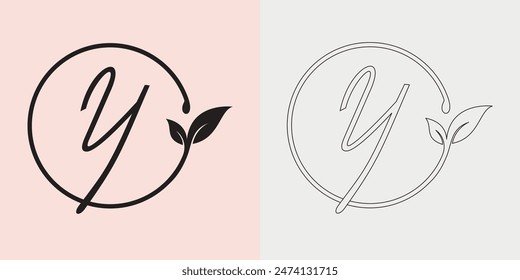 "Y" Letter Logo for business and company identity with Concept Circle Nature Leaf. Unique Hand Drawn Alphabet letter font. Vector Illustration.