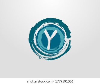 Y Letter Logo With Circle Blue Splatter Element. Blue Wave Retro logo design template.