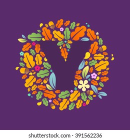 Y letter logo in a circle of oak leaves and acorns. Autumn font style, vector design template elements for your ecology application or corporate identity.