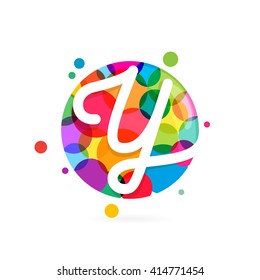 Y letter logo in circle with rainbow dots. Font style, vector design template elements for your application or corporate identity.