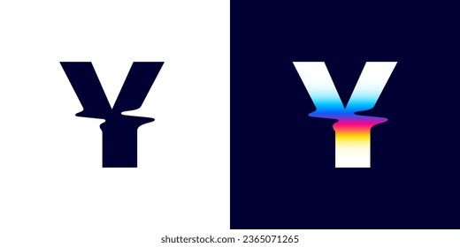 Y letter logo with color glitch. Neon double exposure style. Multicolor gradient sign with hologram and illusion effect. Glowing color shift vector icon for nightlife labels, game screens, vibrant adv