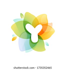 Y letter logo at colorful watercolor flower. Perfect font for invitation design, textile print, greeting card etc.