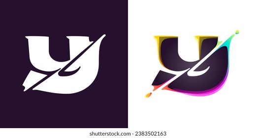 Y letter logo letter with cyber distortion, color shift effect. Double exposure font. Neon glitch illusion icon. Colorful type for futuristic tech heading, music poster, vibrant sale banner.