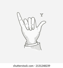 Y letter logo in a deaf-mute hand gesture alphabet. Hand-drawn engraving style vector American sign language illustration.