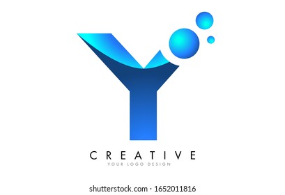 Y Letter Logo Design with 3D and Ribbon Effect and Dots. Colorful rounded Letter with Blue Gradient.