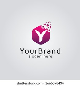 Y Letter Logo Design mit Dots und Hexagon Polygonform auf Farbverlauf, Dots Letter Y Logo Vektorillustration Design Template Illustration. 