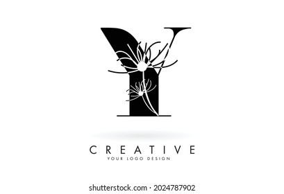 Y letter logo design with elegant and abstract flowers vector illustration. Creative icon with letter Y.