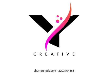 Y Letter Logo Design with Elegant Creative Swoosh and Dots Vector. Modern Trendy Y letter icon with Curved line cut and minimalist Look Vector Illustration.