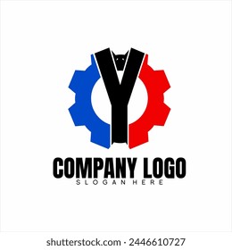 Y letter logo design with gears and bat head. Y initial simple mechanical logo.