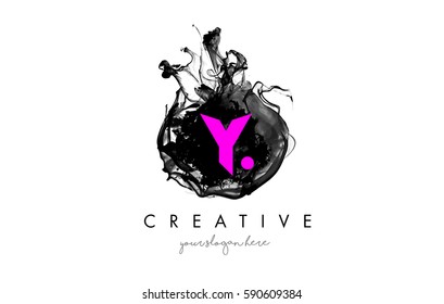 Y Letter Logo Design with Ink Cloud Flowing Texture and Purple Colors.