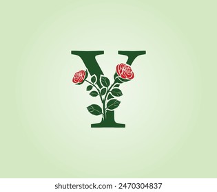 Y Letter logo design with rose flower and leaves on a green background. Initial Letter Y Vector Illustration combined with Botanical elements.