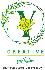 Y Letter logo design with rose flower and leaves on a green background. Initial Letter Y Vector Illustration combined with Botanical elements.