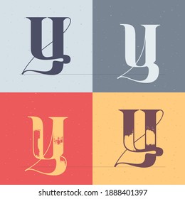 Y letter logo with elegant line decoration. Four style serif font set. Vector vintage icon perfect to use in any alcohol labels, glamour posters, luxury identity, etc.