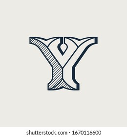 Y letter logo in elegant style with diagonal hatching and shadow effect. Vector serif font for barber shop labels, currency posters and bank identity.