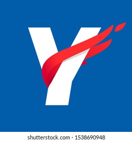 Y letter logo with fast speed red bird wing. Typeface, vector design template elements for sport team, shipping, travel etc.