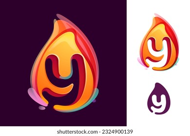 Y letter logo in fire flame. Negative space 3D realistic icon. Vibrant initial in overlapping watercolor style. Vector watercolor font for danger labels, multicolor warning posters, sport identity.