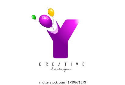 Y Letter Logo with flying colorful balloons and 3d Effect Vector Illustration. Balloons illustration with Y letter.
