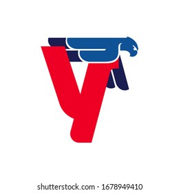 Y letter logo with flying eagle. Vector oblique font perfect for sport labels, army posters and fast delivery identity, etc.