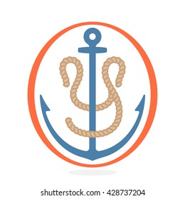 Y letter logo formed by rope with an anchor. Vintage badge can be used for a print on fabric, emblem and design elements. 
