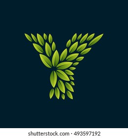 Y letter logo formed by fresh green leaves. Vector ecology elements for banner, presentation, card, labels or posters.