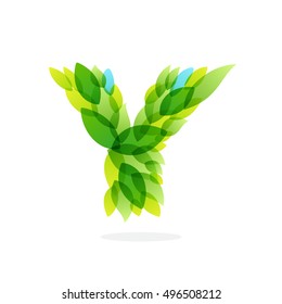 Y letter logo formed by watercolor fresh green leaves. Brush stroke pattern. Vector ecology elements for posters, t-shirts and cards.