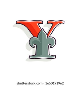 Y letter logo with french lily and offset printing effect. Premium vector serif typeface for retro identity, victorian package, antique book, premium diploma, etc.