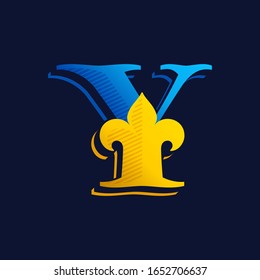 Y letter logo with gold french lily and hatching shadow. Premium vector serif font for victorian identity, luxury package, retro book, western diploma, etc.