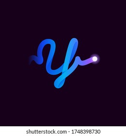 Y letter logo with gradient line and flash dot. Perfect font for biotechnology design, heartbeat print, science card etc.