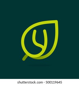 Y letter logo in green leaf. Line style icon. Vector ecology elements for posters, t-shirts and cards.