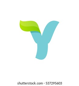 Y letter logo with green leaf. Vector script font for your ecology posters, t-shirts, presentation or card.