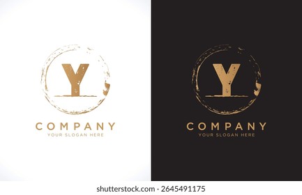 Y Letter Logo With Grunge Round Shape. Modern Unique Creative Y Logo Design Vector Template. Elegant Identity Design In  Gold Color.