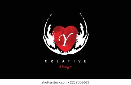 Y letter logo in heart shape at red water color on black background Happy Valentines Day Vector abstract design element.