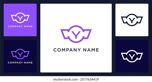 Y letter logo and icon with protective wings, vector template