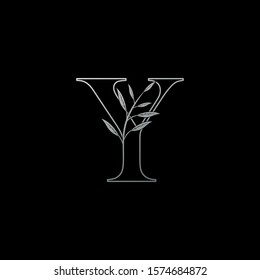 Y Letter logo icon, silver outline monogram initial vintage design concept nature leaves with letter Y.