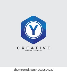 Y Letter Logo Illustration Template. With circle on hexagonal shape. Polygonal style.