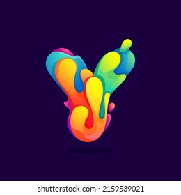 Y letter logo with juice splash, waves, and drops. Multicolor icon with glow and gradients. Perfect for positive art, children design, vibrant advertising, juice packaging, colorful identity.