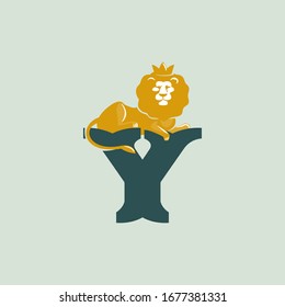 Y letter logo with lying lion. Vector serif font perfect for premium labels, vintage posters and real estate identity, etc.