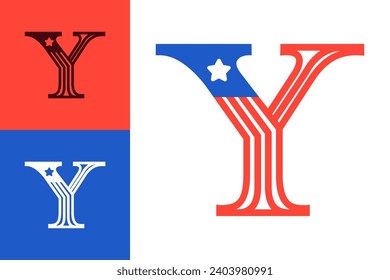 Y letter logo made of American flag. Serif font with Star and Stripes. Classic icon for US history and 4th of July celebration. Perfect for sport team uniform and apparel, Independence Day invitations
