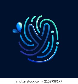 Y letter logo made of fingerprint with pure water waves and drops. Blue gradient line icon. Vector emblem for environment friendly design, drink advertising, ecology application, organic identity.