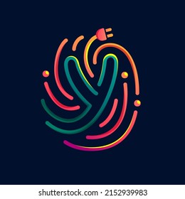 Y letter logo made of fingerprint with plug. Colorful cable icon with vivid gradients and lines. Perfect for energy design, accessories advertising, gadget packaging, electric identity.