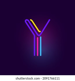 Y letter logo is made of three neon lines. Vector font with glowing effect. Perfect for casino identity, vivid sale banner, and futuristic posters. 