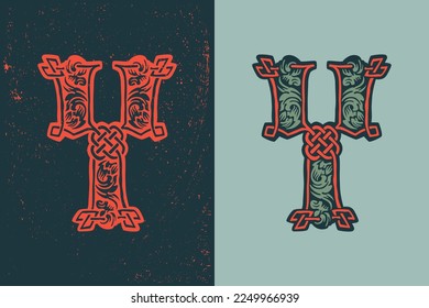 Y-Buchstaben-Logo im mittelalterlichen Knotenstil. Farbiges Dropdown-Symbol. Graviertes barbarisches Emblem. Vintage illuminierte Initialen. Perfekt für Vintage Premium-Identität, keltische Plakate, luxuriöse Verpackung.