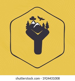 Y letter logo with mountains peaks and trees on a landscape line pattern. Adventure and outdoor vintage emblem perfect for t-shirts, apparel and other merchandise.