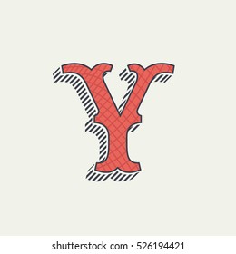 Y letter logo. Retro western alphabet with line texture. Slab serif font. Vector vintage typography for your posters, sportswear, club t-shirt, banner, etc.