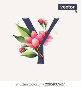 Y letter logo with Sakura blooming flowers. Vector realistic watercolor style. Pink cherry petals, bud, branch, and green leaves. Perfect for wedding invitations, greeting cards, Mother's Day posters.
