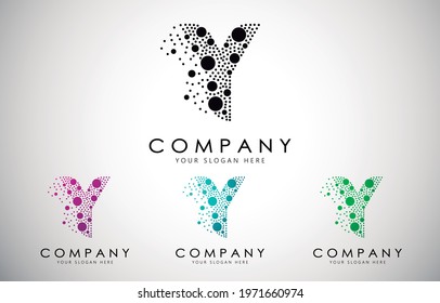 Y Letter Logo set with Dispersion Effect and Dots, Bubbles, Circles. O Dotted letter in black, purple, blue and green gradient vector illustration.	
