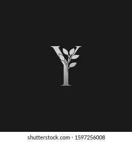 Y Letter Logo Silver Classy Vintage  Nature Floral Branch Silhouettes Vector Design Initial Concept.