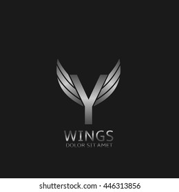 Y letter logo. Silver wings symbol. Silver Y letter logo template for air company