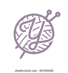 Y letter logo with skein of yarn and knitting needles. Vintage font style, vector design template elements for your yarn shop or corporate identity.